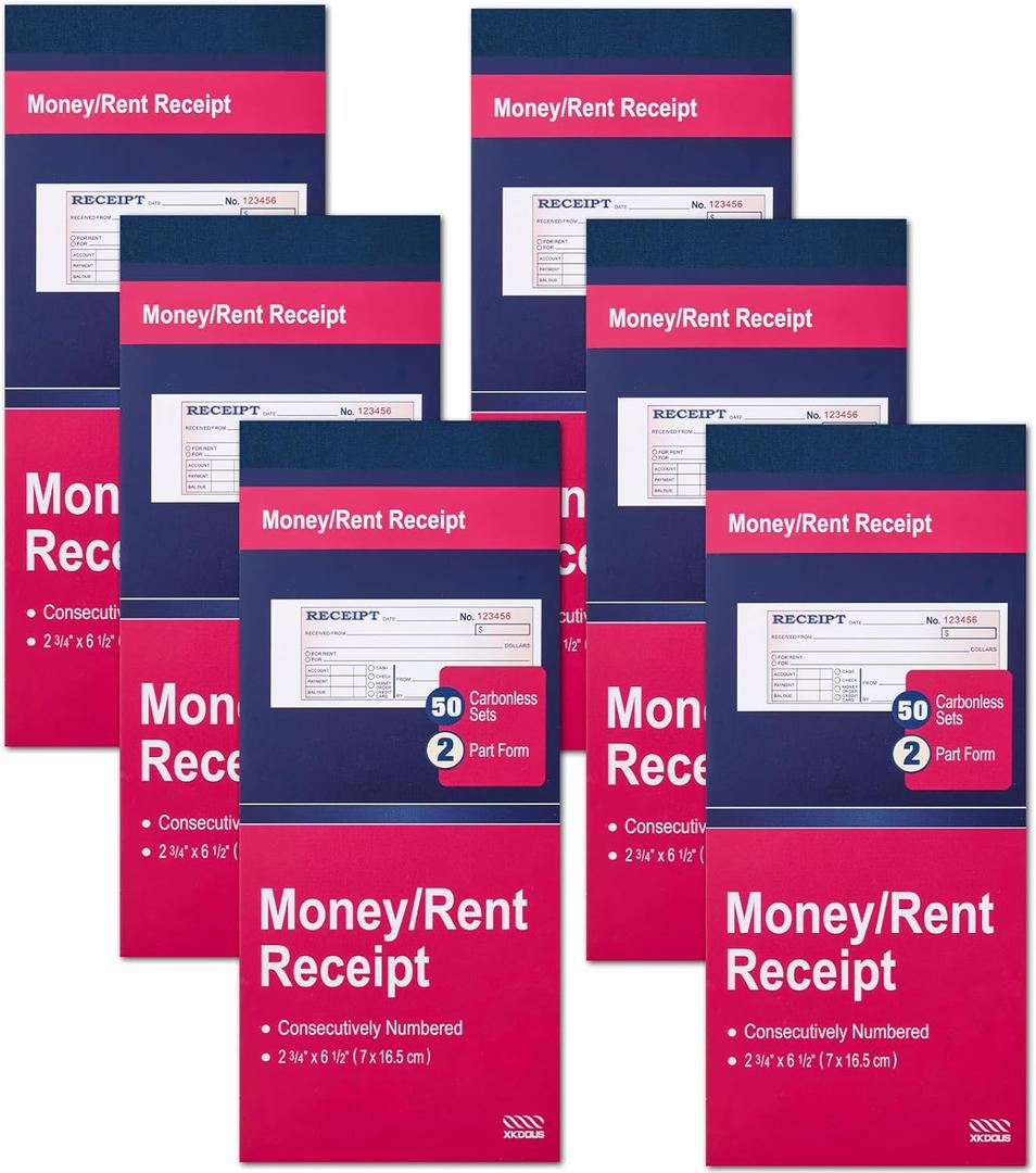 XKDOUS 6 Pack Receipt Book with Carbon Copies, Money and Rent Receipt Book 2 Part Carbonless, 2-3/4" x 6-1/2" Receipt Book for Small Business, 50 Sets per Book