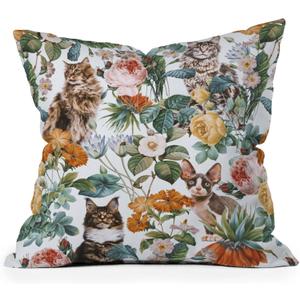 Society6 Throw Pillows with Pillow Insert - Home Decor by Burcu Korkmazyurek - Decorative Accent Pillows for Couch or Bed, 16 x 16, Cats and Floral III