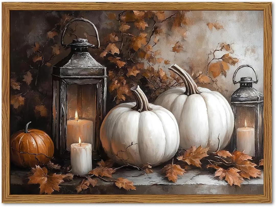 Framed Vintage Fall Pumpkin Canvas Wall Art, Rustic Farmhouse Autumn Paintings Wall Decor, Thanksgiving Pumpkins Pictures Prints Aesthetic Home Decor for Living Room Kitchen Office 16×24 inch