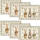 Artoid Mode Buffalo Plaid Bunny Happy Easter Placemats Set of 6, 12x18 Inch Seasonal Holiday Table Mats for Party Kitchen Dining Decoration (Brown)