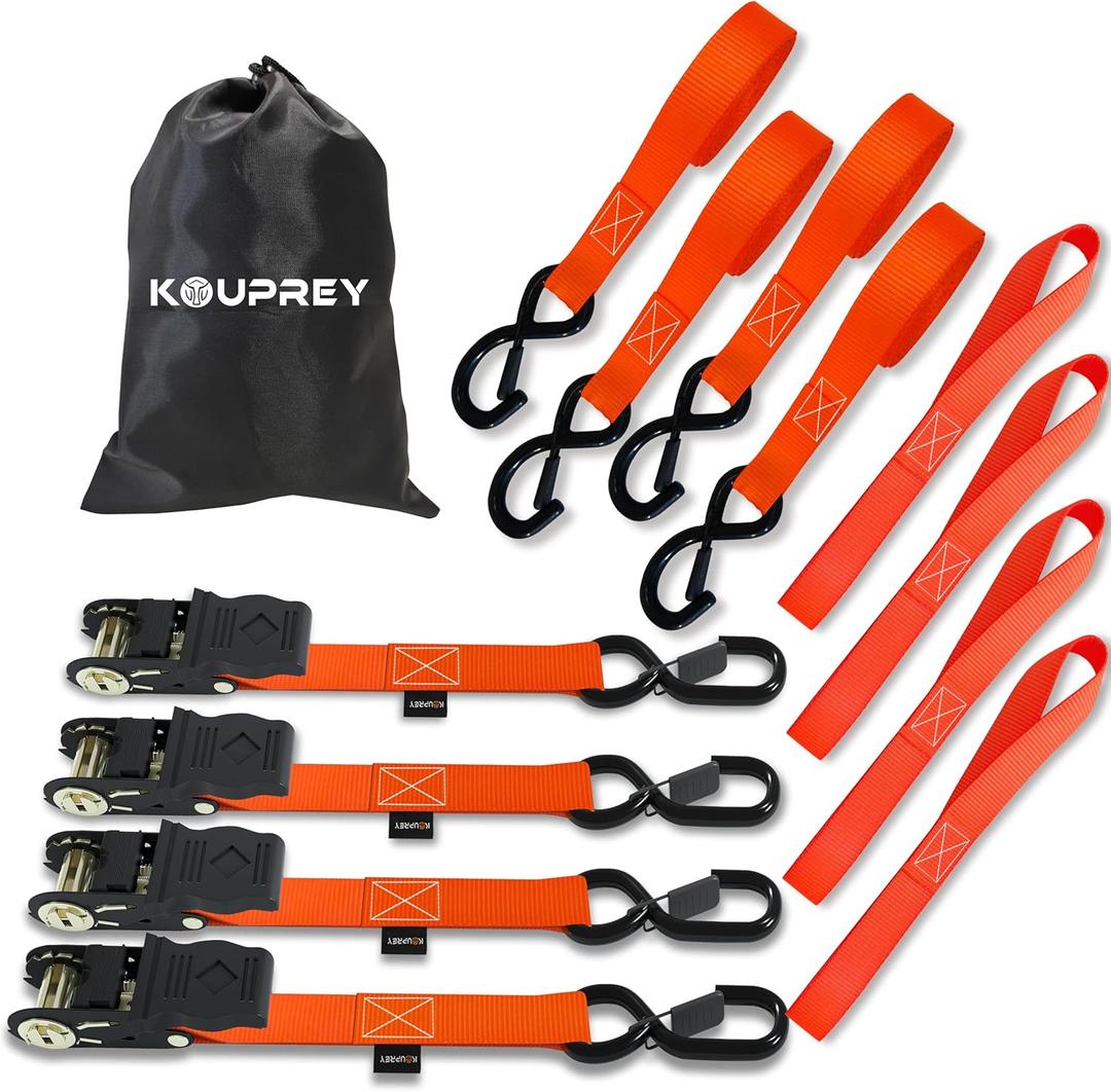 Ratchet Straps, Boat Tie Down Straps to Trailer, Motorcycle Straps, Kayak Tie Downs, 4-PK 1" x 15ft, 1800 LB Break Strength Safety Lock S Hooks & 4 Soft Loops-Secure, Rubber Coated Handle Orange