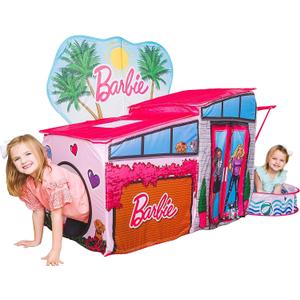 Barbie Dreamhouse Extra Large Pop Up Play Tent with Crawl Tunnel and Ball Pit, Over 7 feet Long, Playhouse Toy Folds Into Storage Bag, 20 Play Balls Included, Gift for Toddlers and Kids 3+