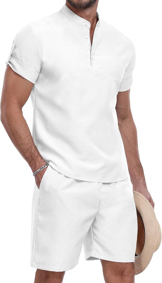 YTD Men's 2 Pieces Set Short Sleeve Henley Shirts and Shorts Texture Summer Beach Vacation Outfits (Large, White)