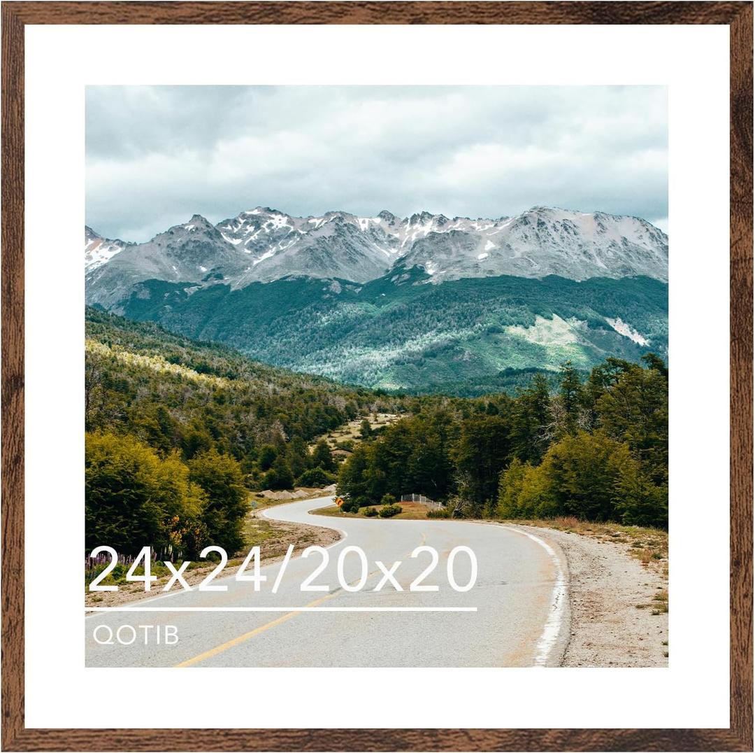 Wood 24x24 Picture Frame with 20x20 Mat Deep Brown, Display 20x20 with Mat or 24x24 without Mat, Wood 24 by 24 Photo Frame, 24 x 24 Frame for Wall Hanging Display, Deep Brown