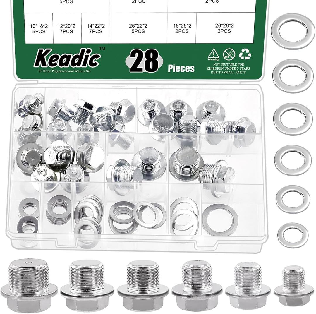 Keadic 28Pcs Oil Drain Plugs with Aluminum Washer Gasket, Oil Drain Plug Assortment Kit, 6 Sizes Oil Drain Plug Gasket Oil Pan Drain Nut Kit for Most Cars