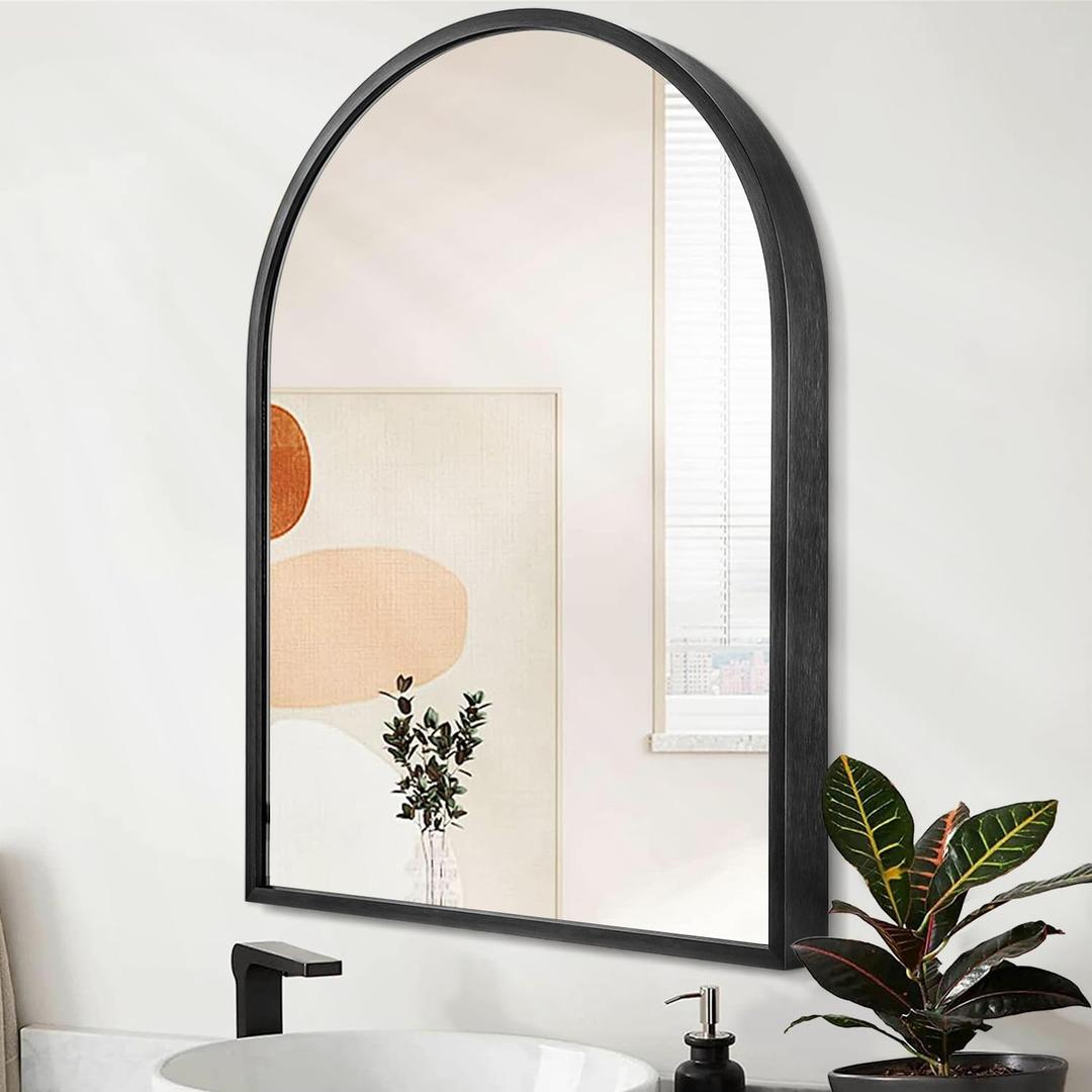 Black Arched Wall Mirror Aluminum Alloy Frame Bathroom Mirror Brushed Metal Vanity Wall Mounted Mirror for LivingRoom Bedroom Entryway Room Home Decor 16"x12"
