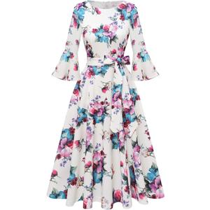 HomRain Women's Church Dresses for 2025 Wedding Guest Cocktail Tea Party Bell Sleeve Vintage Evening Graduation Dress M