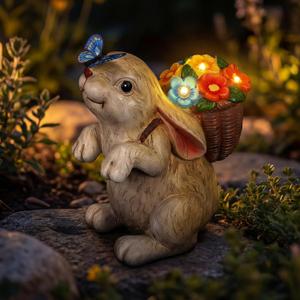 PETAFLOP Solar Garden Statues Outdoor Decor, Rabbit with Flower Basket & Butterfly for Patio Balcony Backyard Lawn Yard Decorations, Father’s Day Birthday Housewarming Gifts for Women, Mom, Grandma