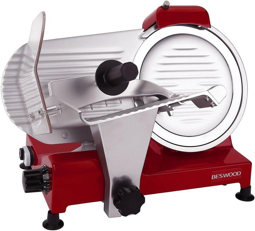 BESWOOD 10" Electric Deli Meat Slicer, Cheese Food Slicer with Premium Chromium-plated Steel Blade, for Home and Commercial use, 240W, Serving Plate included (Royal Red)