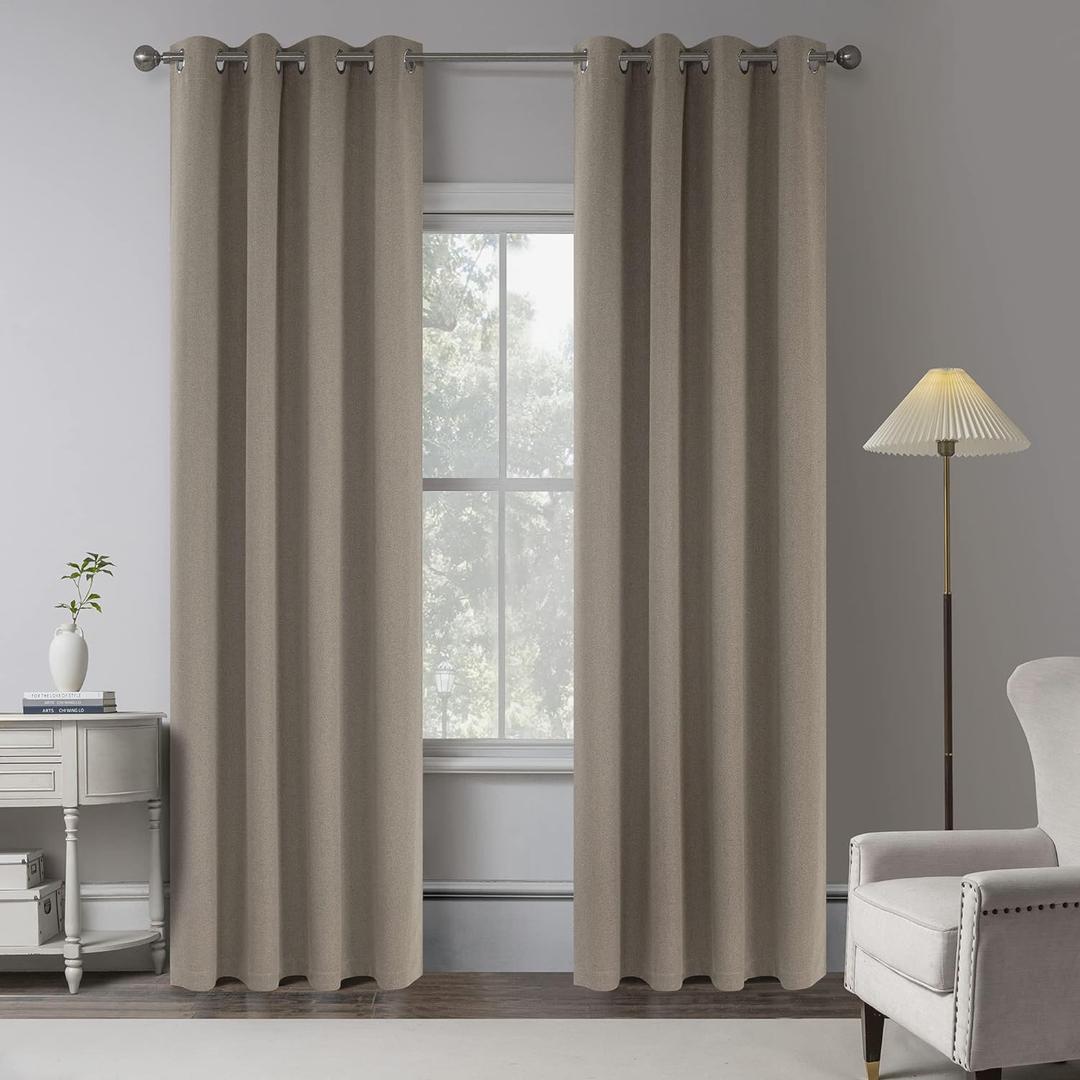 KEQIAOSUOCAI Taupe 100% Blackout Linen Curtains 102 Inches Long 2 Panels for Bedroom,Country Rustic Full Light Blocking Curtain Drapes for High Ceiling Patio Sliding Door W50 x L102 Inch Length,8.5FT