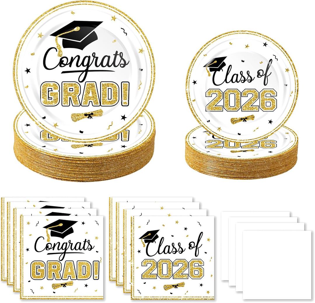 320Pcs Graduation Table Decorations Party Supplies - White Gold Graduation Plates and Napkins Class of 2026 Disposable Dinnerware Set for College High School Congrats Grad Party Favors, Serve 80