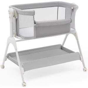 HARPPA Cuddly Sway Baby Bassinet Bedside Sleeper, 3 in 1 Rocking Bassinet with Mattress and Soft Cover, Full Mesh Sides, 5 Height Adjustable with Wheels for Newborns, Grey, Crib