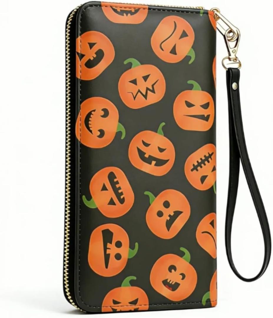 Halloween Pumpkin Wallet for Women, PU Faux Leather Zip Around Wallet with Wristlet, 12 Card Slots Large Capacity Credit Card Holder