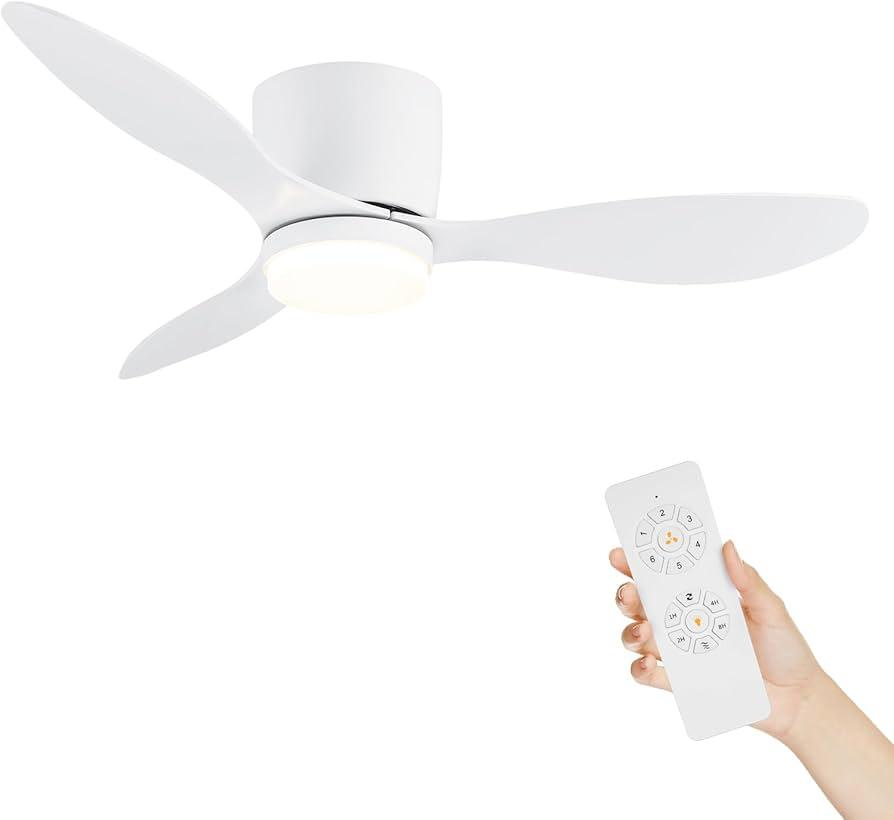 Flush Mount Ceiling Fans with Lights, 42 Inch White Ceiling Fan with 3 Blades, Reversible DC Motor, 6 Speeds, 3 Color Temperatures, Low Profile Ceiling Fan for Living Room Bedroom (White)