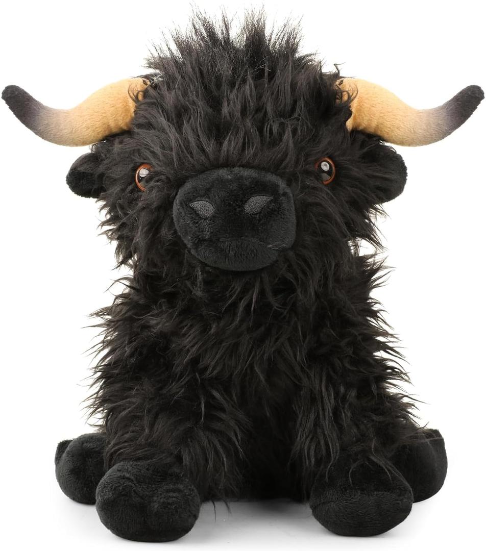 Highland Cow Stuffed Animal,10.5 inches Realistic Cow Plush Toy,Animal Cattle Plush Farm Toy,Farm Plushie Christmas Birthday Present for Boys Girls Kids Grandchildren (Black)