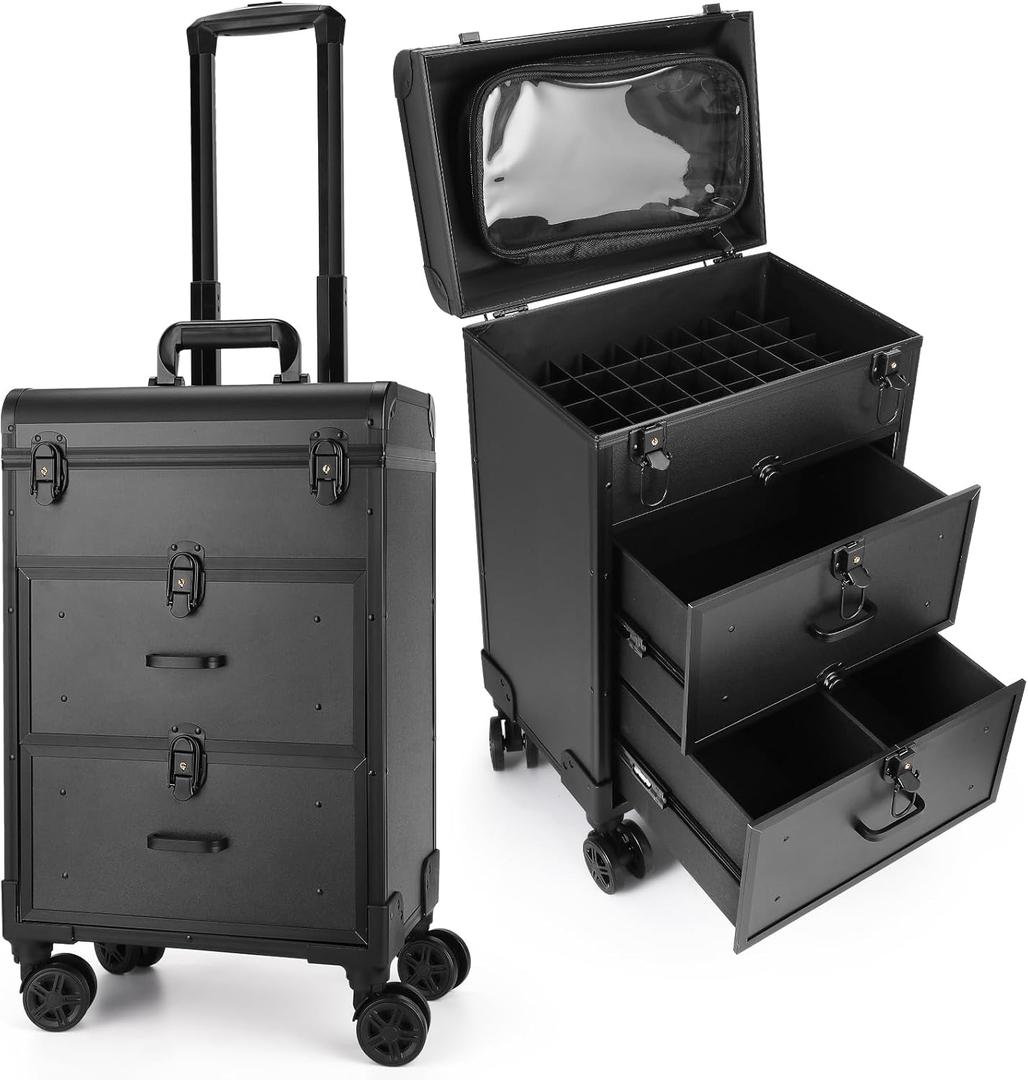 Yokilly Rolling Makeup Train Case, Professional Cosmetology Case on Wheels, Aluminum Cosmetic Trolley Travelling Cart Trunk with Swivel Wheels, Sliding Drawer & Keys for Nail Technician Stylist (Black) (Large)