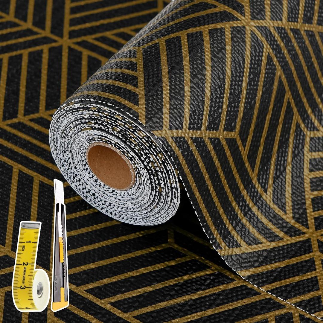 Shelf Liners for Kitchen Cabinets 12in x 20FT, Non Adhesive Cabinet Liner Strong Non-Slip Black Gold Geometric Drawer Liner, Easy to Clean for Shelf, Cabinet with Knife and Tape Measure