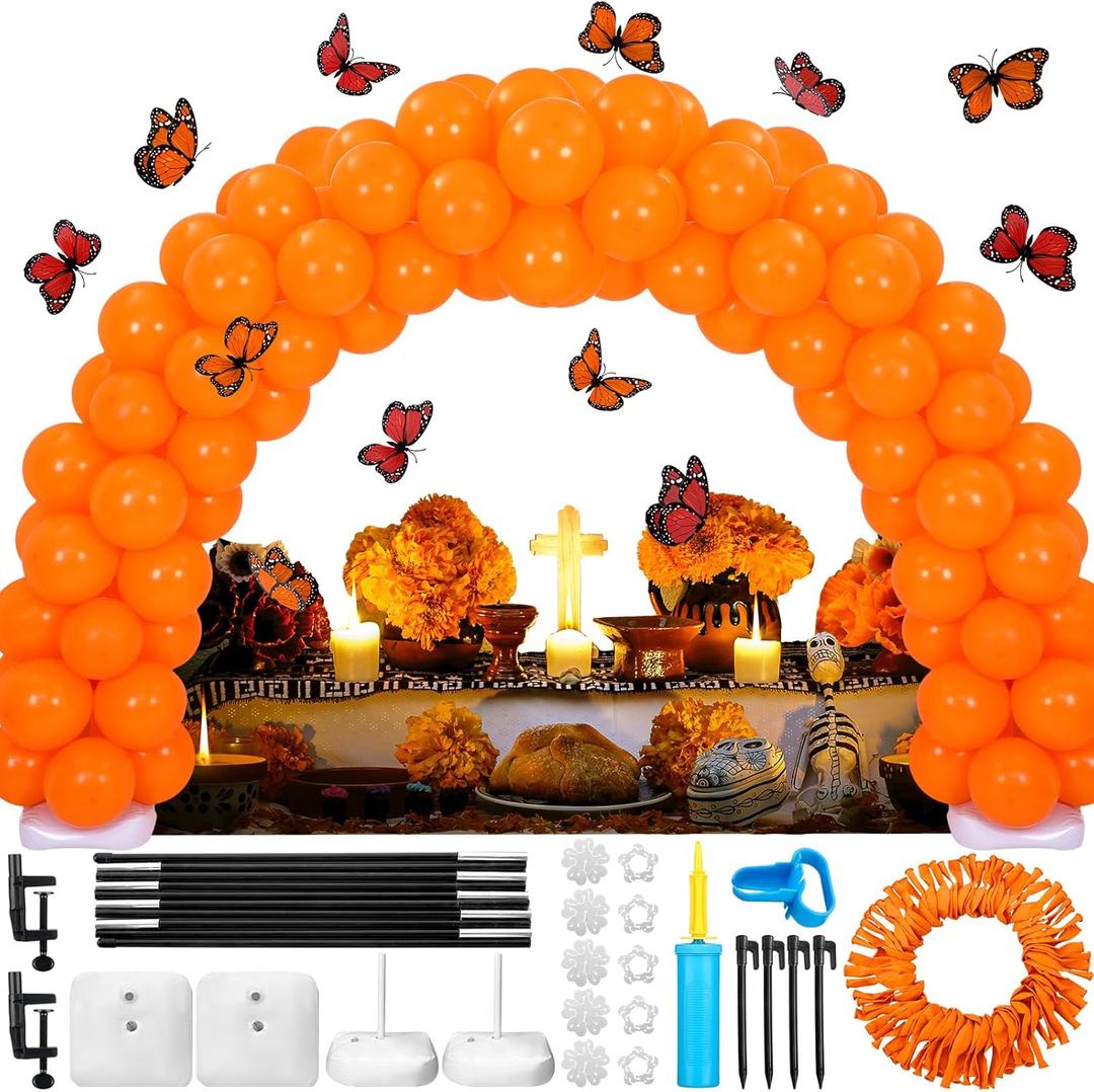 Dia De Los Muertos Decorations Set 12ft Day of The Dead Marigold Balloon Arch Stand Kit 100 Balloons 2 Balloon Stands Water Fillable Bases 12pcs 3D Butterfly Decor for Dia De Los Muertos Altar Decor