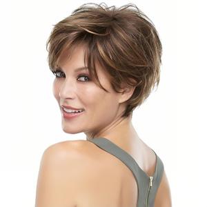 QUEENTAS Short Hair Wigs for Women Brown Bob with Bangs Pixie Cut Wig Synthetic Hair Wigs Daily Use or Cosplay (Dark Brown Highlingt Blonde)