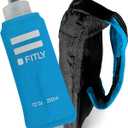 FITLY Soft Flask - Shrink As You Drink Soft Water Bottle for Hydration Pack - Folding Water Bottle Ideal for Running, Hiking, Cycling, Climbing & Rigorous Activity (12 Ounces, Blue with Holder)