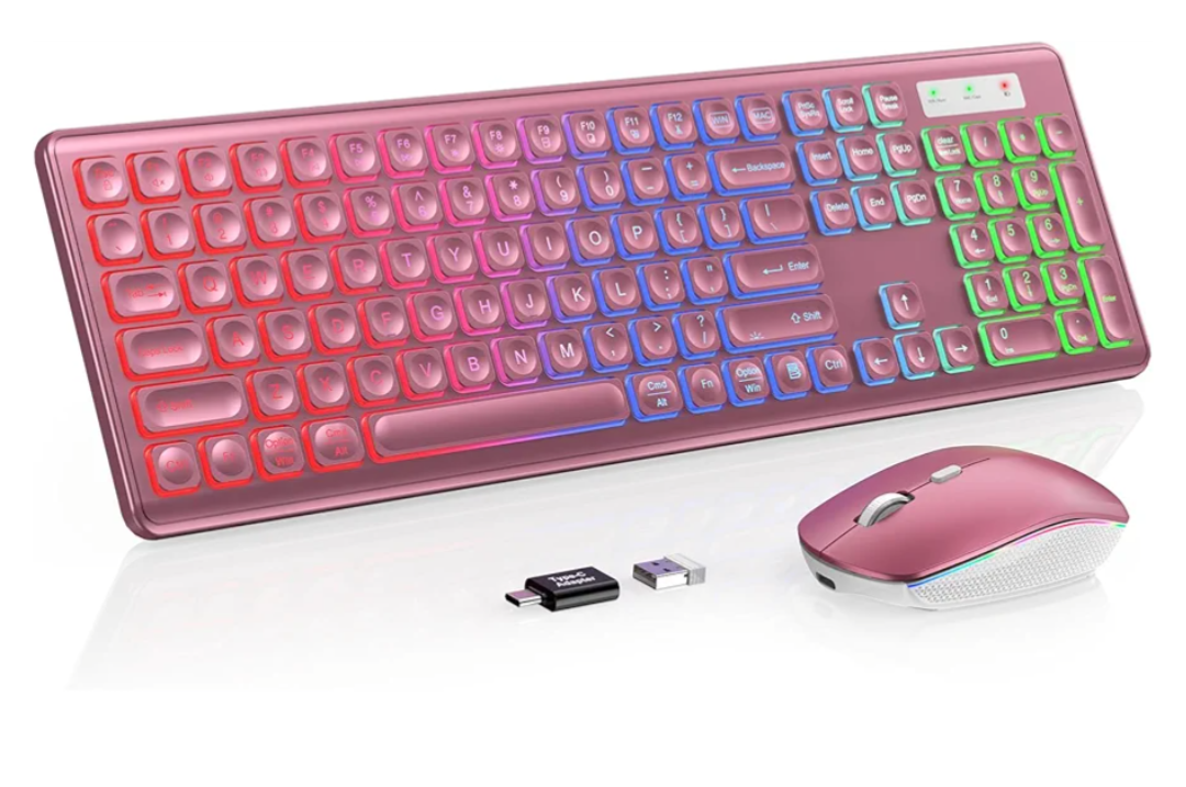 Wireless Keyboard and Mouse Combo, RGB Backlit, Rechargeable & Light Up Letters, Full-Size, Soft Typing, Sleep Mode, 2.4GHz Quiet Keyboard Set for Mac, Windows, Laptop, PC, Trueque (Wine Red)