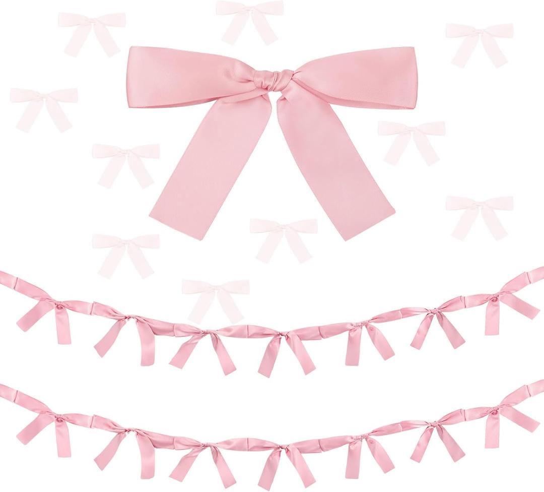 2 Pcs Pink Bow Garland Banner 16.4 FT Bow Party Decortions for Girls Pink Bow Ribbon Banner Bow Birthday Baby Shower Decorations Coquette Bridal Shower Party Supplies