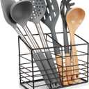 Utensil Holder for Kitchen Counter, Metal Utensil Holder Rack for Kitchen Countertop, Cooking Tools Storage for Spatula, Utensil Organizer with Marble Base, and Drainage Hole (Black Marble)