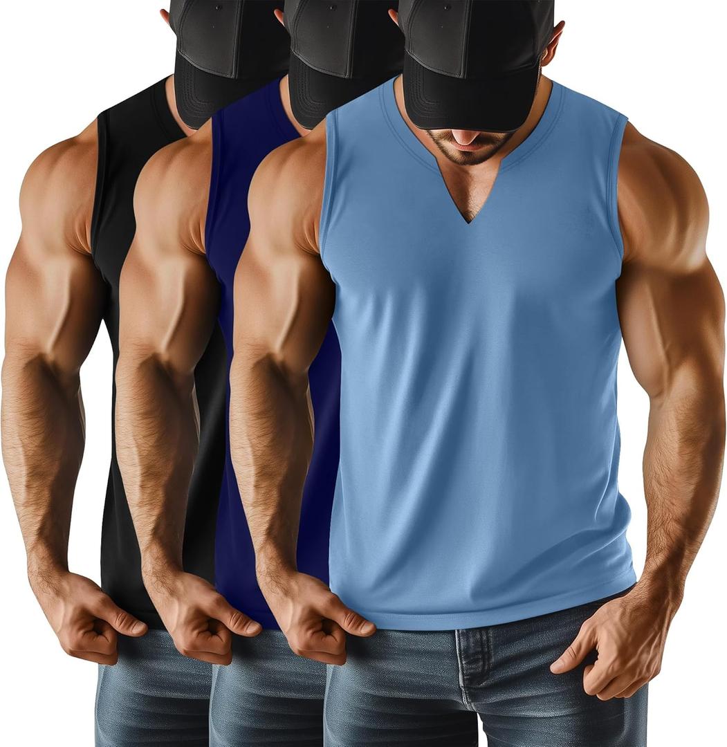 Riyiper 3 Pack Men's Sleeveless Tank Tops, V Neck Longline Henley T Shirts Casual Basic Muscle Shirts Stretch Athletic Tee(Black, Navy Blue, Sky Blue, XX-Large)