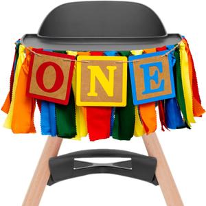 Upfirst Colorful One High Chair Banner - Building Block Themed Birthday Party Decorations Supplies,1st Birthday Photo Props,Cake Smash Party Rainbow Fabric Strips Banner