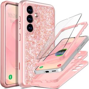 Full Protective for Galaxy S25 Plus Case Heavy Duty Bling Hybrid 3 in 1 Rugged Shockproof Women Girls for Samsung Galaxy S25 Plus 6.7 inch 5G Shiny Rose Gold Pink Glitter