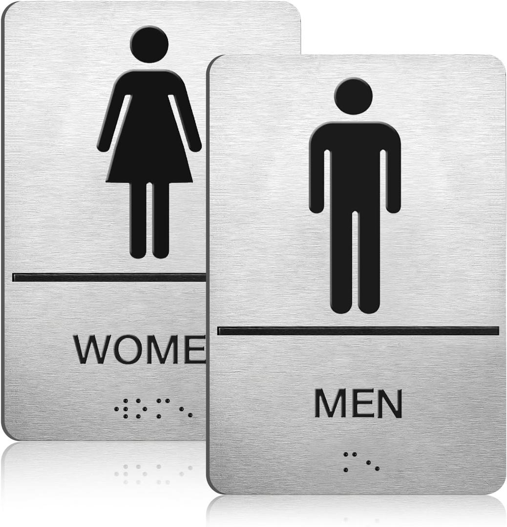 Brushed Aluminum Bathroom Signs, ADA Raised Braille Restroom & Bathroom Door Sign with Strong Self-Adhesive, Men's & Women's Restroom Signs for Business, Silver Size 9'' X 6 '' 2 Pcs