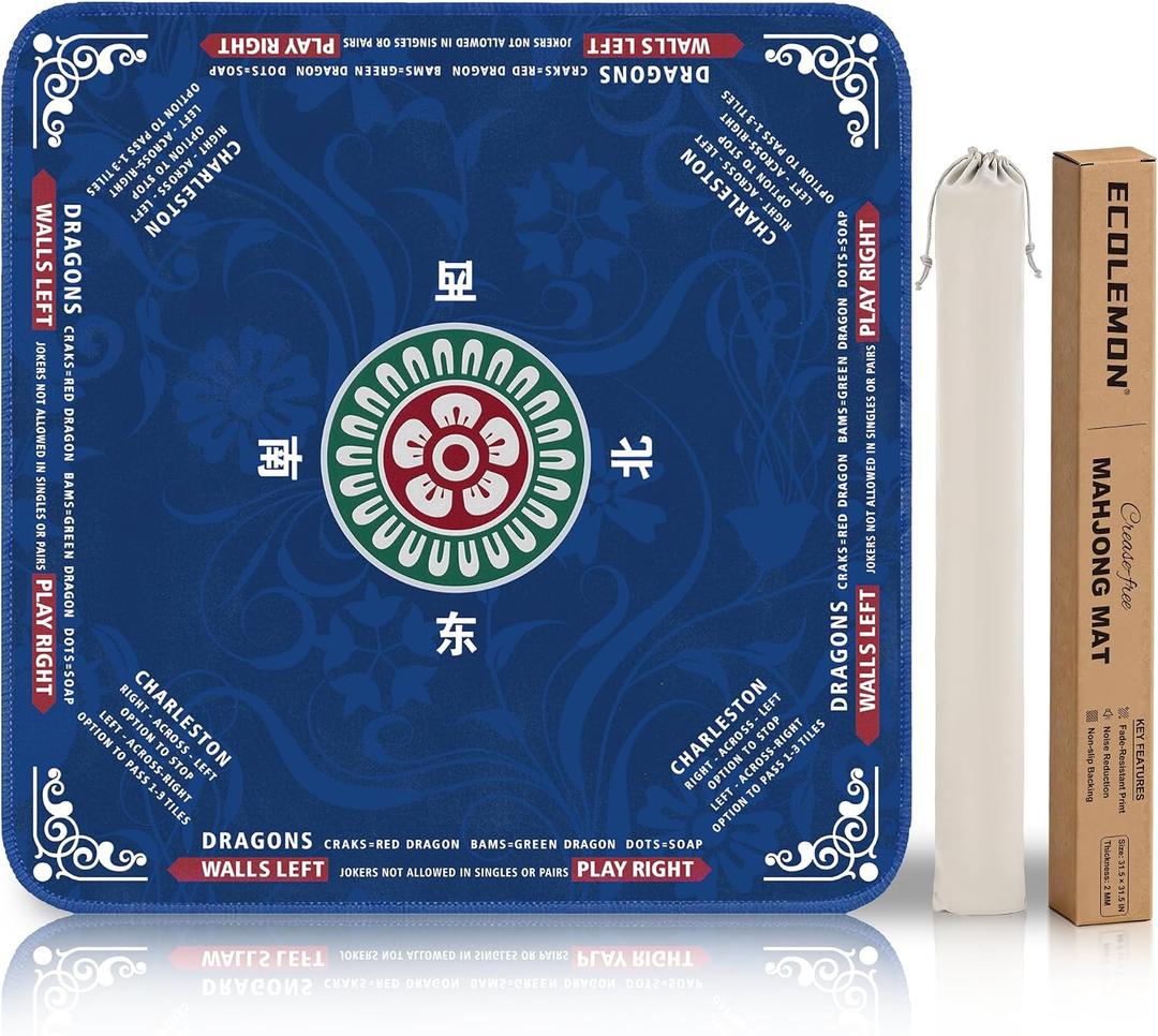 Crease-Free Mahjong Mat for Table, American Mahjong Mat with Charleston Rules, 31.5 x 31.5 inch Non-Slip Rubber Backing Noise-Reducing Mah Jongg Learning Mat with Carrying Bag (Blue)