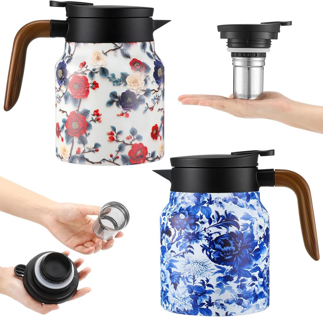 LemonRoad 2 Pcs Vintage Floral Pattern Tea Pot, Vintage Teapot with Infuser, Floral Pattern Tea Pot with Lid, Wooden Handle Thermal Carafe for Hot Drinks Coffee (White, Blue and White Porcelain)