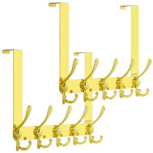 SKOLOO Over The Door Hook - for Doors up to 1-3/4'' Thickness, Pack of 2, Metal Door Hanger with 5 Triple Hooks, Over The Door Hanger for Coats, Hats,Towels, Gold, Assembly Required