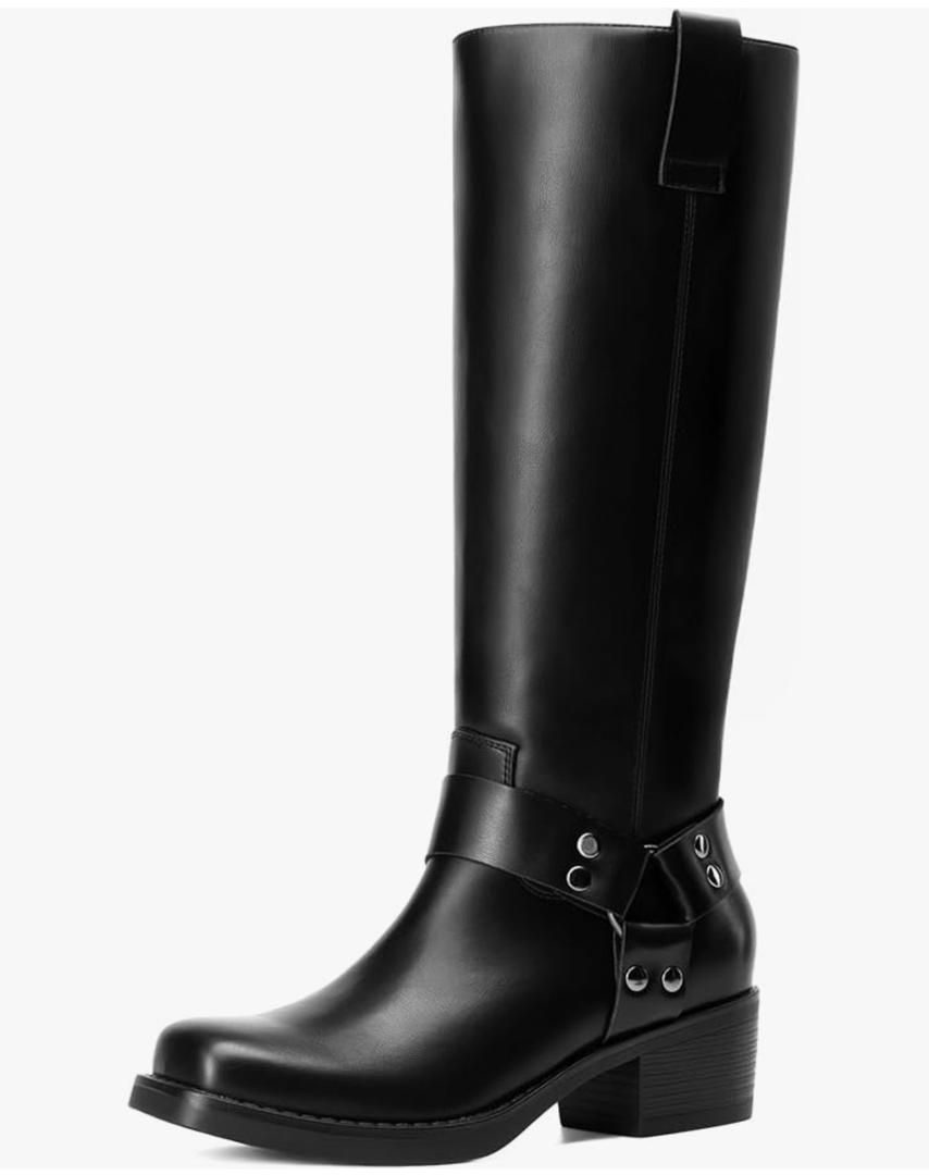 DREAM PAIRS Women's Knee High Boots Motorcycle Riding Pull-on Fashion Long Square Toe Buckle Biker Boots for Women, 7