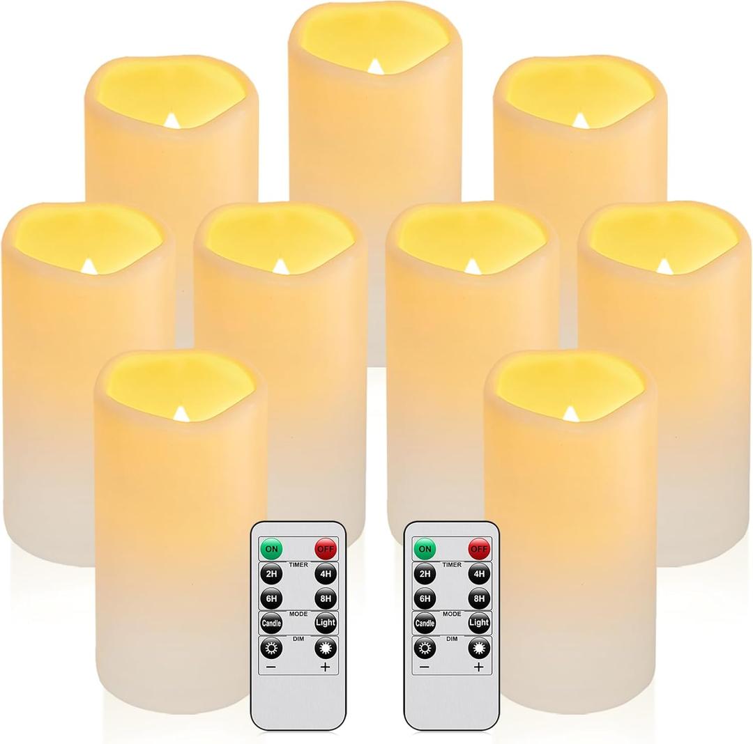 9PACK Outdoor Waterproof Plastic flameless Candles with Remote Control LED Flickering Battery Operated Pillar Candles Cycling 24 Hours Timer (D3 xH5.5) for Camping, Weddings, Party, Home Decoration, (H16# 9pack Pastic)