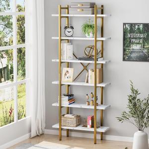 6 Tiers Bookshelf Organizer White Faux Marble Shelf,Modern Open Display Storage Bookcase, and Metal Bookshelf Standing Storage Shelf Tall Shelving Units for Home Office Study