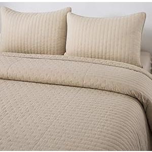 Soul & Lane Pure Bliss 100% Cotton Beige 2-Piece Quilt Set with Stitching (Twin) | with 1 Sham Pre-Washed Machine Washable Medium Weight Bedspread Coverlet