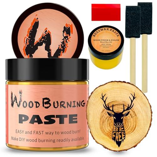 LAOBIAO Wood Burning Paste Beeswax Kit, 1 Jar Wood Burning Gel with 1 Jar Beeswax Paste, 2 Foam Paint Brushes and Squeegees for DIY Arts and Crafting & Stencil Wood Burning