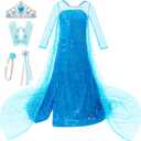 Esvaiy Girls Princess Elsa Dress Costume - Luxury Sequin Halloween Birthday Party Dress Up Kids (4-5 Years, Blue)
