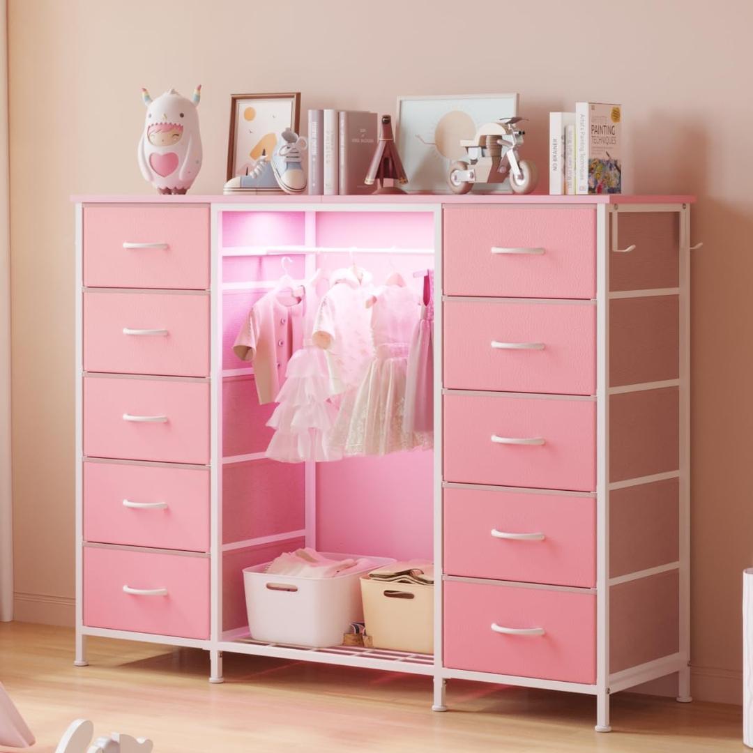 LUMTOK 2-in-1 Dresser with Hanging Rack, 10 Drawers Dresser for Bedroom,Dressers with Fabric Drawers,LED Lights, Charging Station and Hanging Racks for Bedroom (Pink), 13.7"D x 54.6"W x 42.9"H