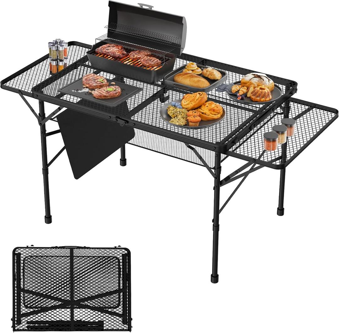 WildFinder Folding Table with 2 Wing Panels, 3x2 FT Camping Table with Mesh Desktop,Height Adjustable Folding Grill Table with Mesh Bag,Portable Outdoor Table for Picnic,Camping,BBQ,Beach(Black)