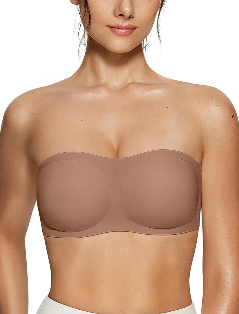 Vertvie Women's Wireless Strapless Bra Seamless Padded Bandeau Bra Non-Slip Silicone Tube Top Push Up Convertible Bralette (Coffee), L