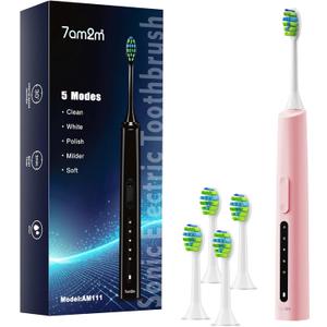 7AM2M Sonic Electric Toothbrush, High Power Rechargeable Toothbrushes, 5 Modes with 2 Minutes Built in Smart Timer, with 4 Brush Heads for Adults and Kids, One Charge for 60 Days (Pink)