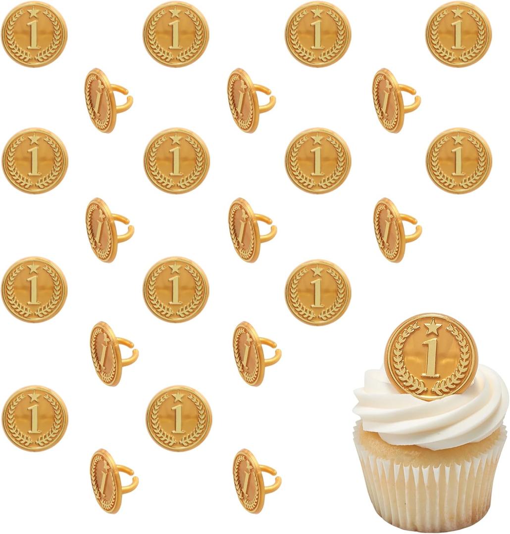Gold Medal Cupcake Rings, 24 Cupcake Toppers For Sports Celebrations, Winter Olympics, Number 1, Food Safe Cake Toppers 24 Pack