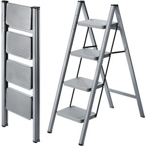 XinSunho 4 Step Ladder, Folding Step Stool with Anti-Slip Wide Pedal, Portable Sturdy Steel Ladder 4 Steps, 330lbs Safety Kitchen & Household Ladder (Gray)