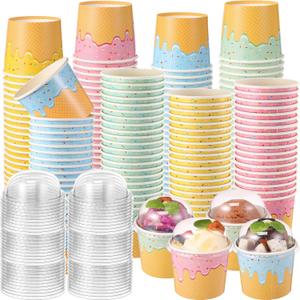100 Count 6 oz Ice Cream Paper Cups with Clear Dome Lids No Hole Bulk Disposable Dessert Cups Dessert Bowls Sundae Containers for Snack Yogurt Soup Birthday Ice Cream Party Supplies