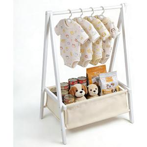 Baby Clothing Rack for Baby Shower, Pets Clothes Rack with Storage Box & Hanging Rod for Dogs/Cats, Mini Dolls Closet Rack, Bamboo Baby Shower Rack for Nursery Room (White)