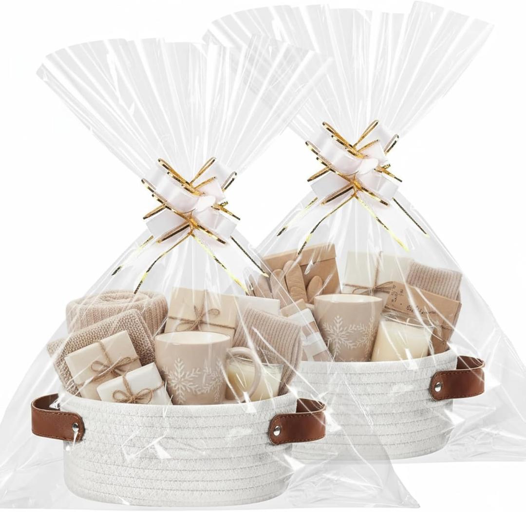Colingmill 2 Pack Valentines Woven Baskets for Gifts Empty with Handle 9.4 x 5.9 x 3.9 Inch Small Holiday Basket with Bag and Ribbons Empty Organizer for Valentines Easter Wedding Birthday Gift(White)
