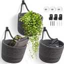Fabric Wall Hanging Baskets - 3Pack Woven Pouchs Boho Style Wall Mounted Bag with Adhesive Hooks, Storage Organizers and Decoration Pocket Caddy Bins on Door Rack (Dark Gray & Black, Large)